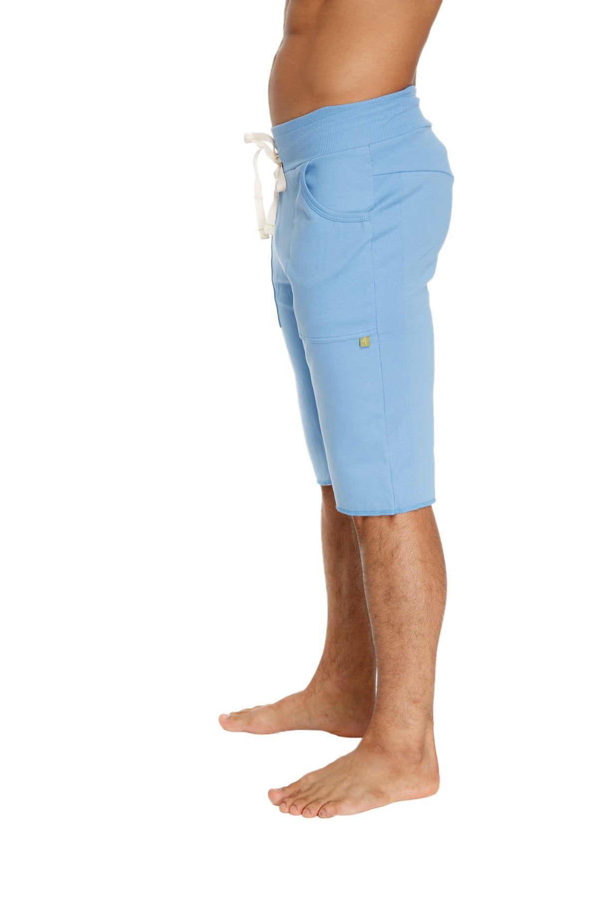 Eco-track short in ice blue featuring soft textured fabric with white drawstring and subtle side pockets
