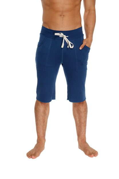 Navy blue cotton eco-track shorts with white drawstring waistband and side pockets for casual wear