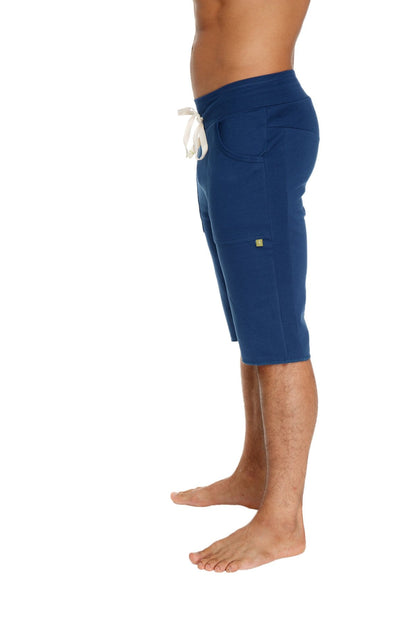 Eco-Track short royal blue navy cotton shorts with white drawstring and green logo on side pocket