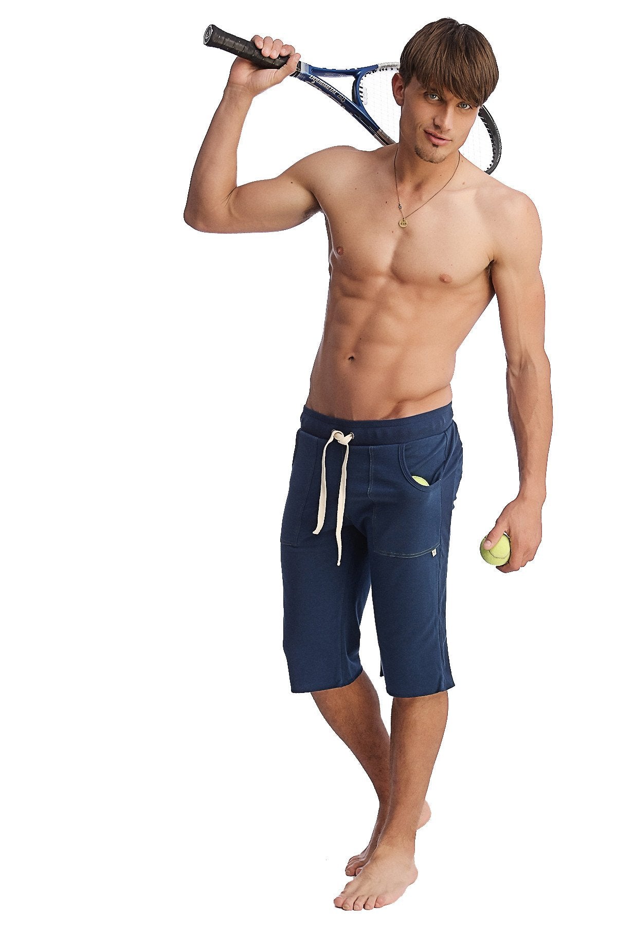 Eco-track short royal blue navy athletic shorts with white drawstrings and green logo on side pocket