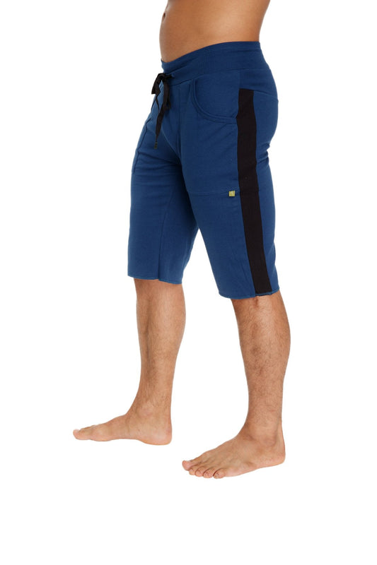 Eco-track short royal blue with black side stripes features a drawstring waistband for adjustable athletic wear