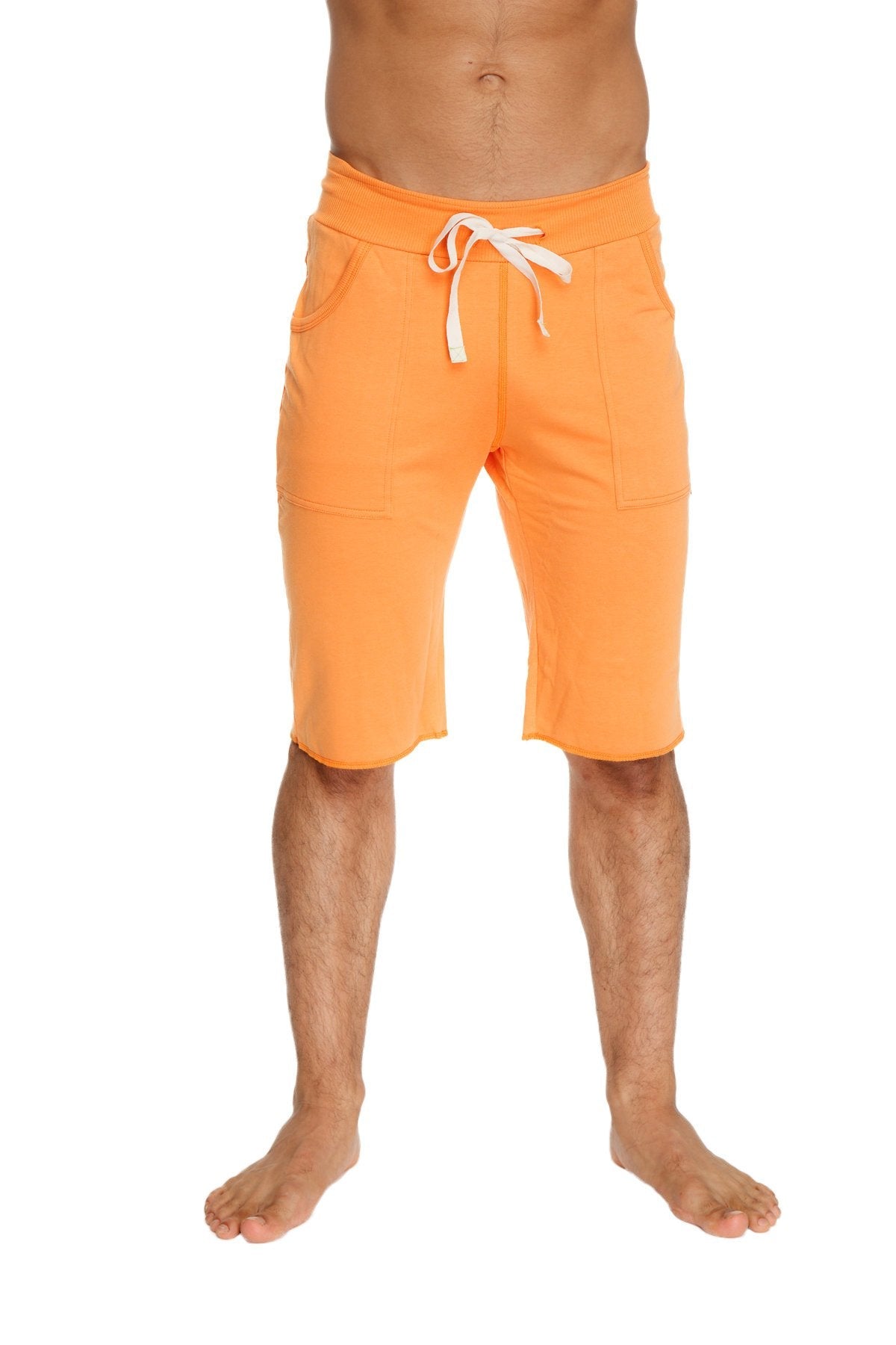 Eco-track short bright orange athletic shorts with white drawstring waistband and two front pockets for active wear