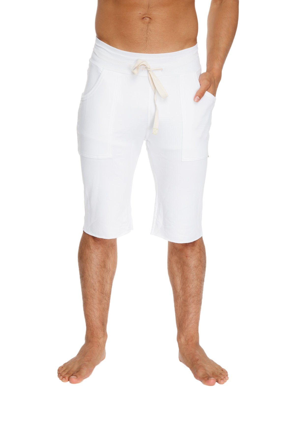White eco-track short made of cotton with a drawstring waist and two front pockets for casual comfort