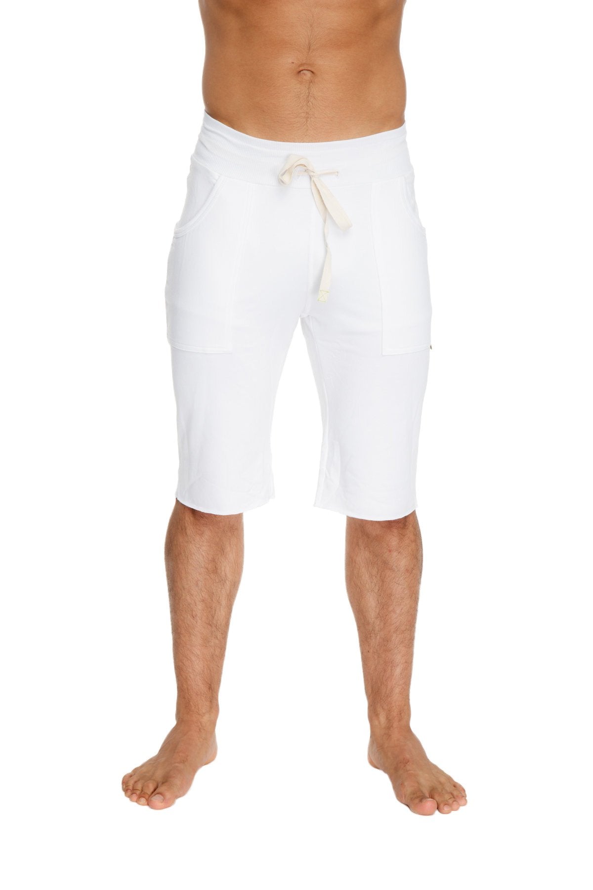 White eco-track shorts with relaxed fit drawstring waistband and two side pockets for casual wear