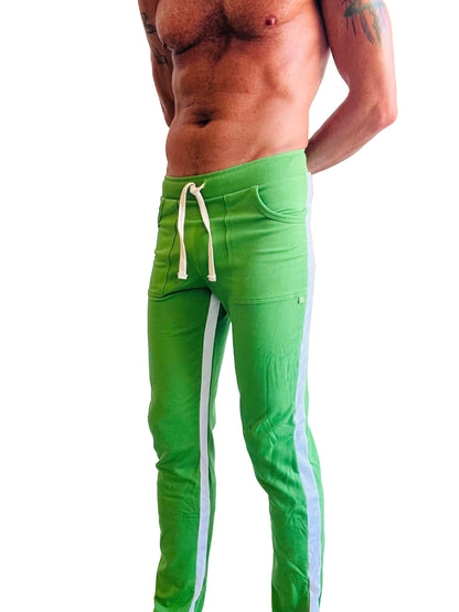 Bright green eco-track and yoga sweat pants with white side stripes and bamboo fabric drawstring waistband