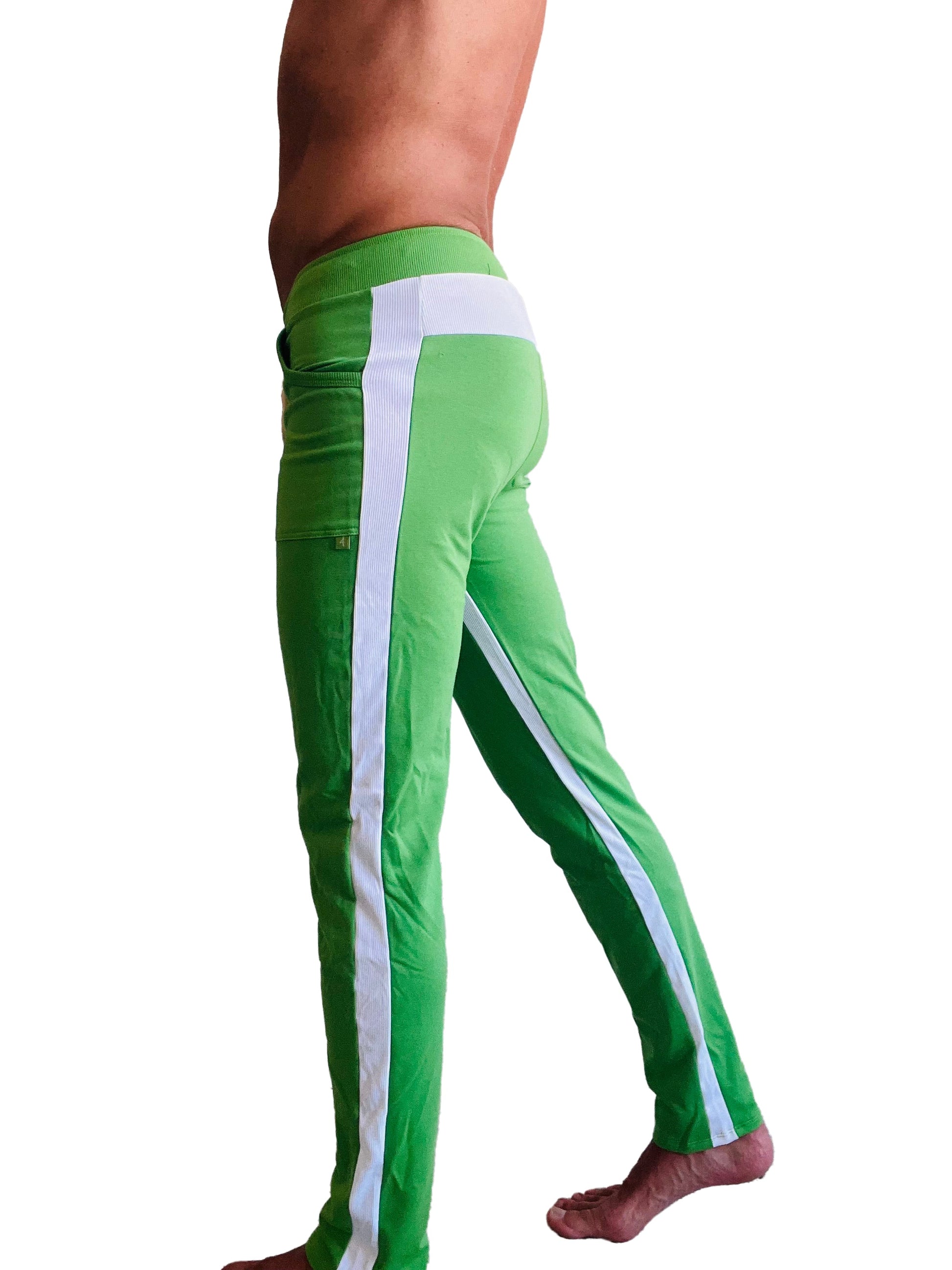 Eco-track and yoga sweat pant in bamboo green with white stripes and matching waistband made from sustainable fabric