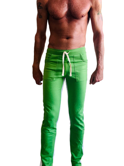 Eco-track and yoga sweat pant in bamboo green with white drawstrings featuring side pockets for athletic use
