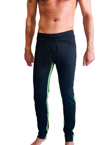 Eco-Track & Yoga sweat pant in black with bamboo green neon side stripes and a drawstring waistband
