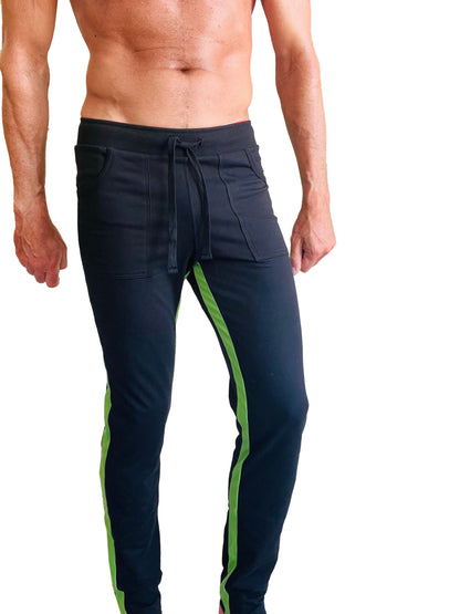Eco-track and yoga sweat pant in black with bamboo green side stripes and a drawstring waistband for comfort