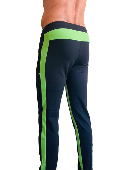 Navy blue eco-track and yoga sweat pant with vibrant lime green side stripes and matching ribbed waistband in bamboo green