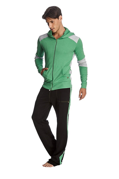 Green and gray zip-up hoodie with contrasting panels on shoulders sleeves and side seams for eco-track and yoga use