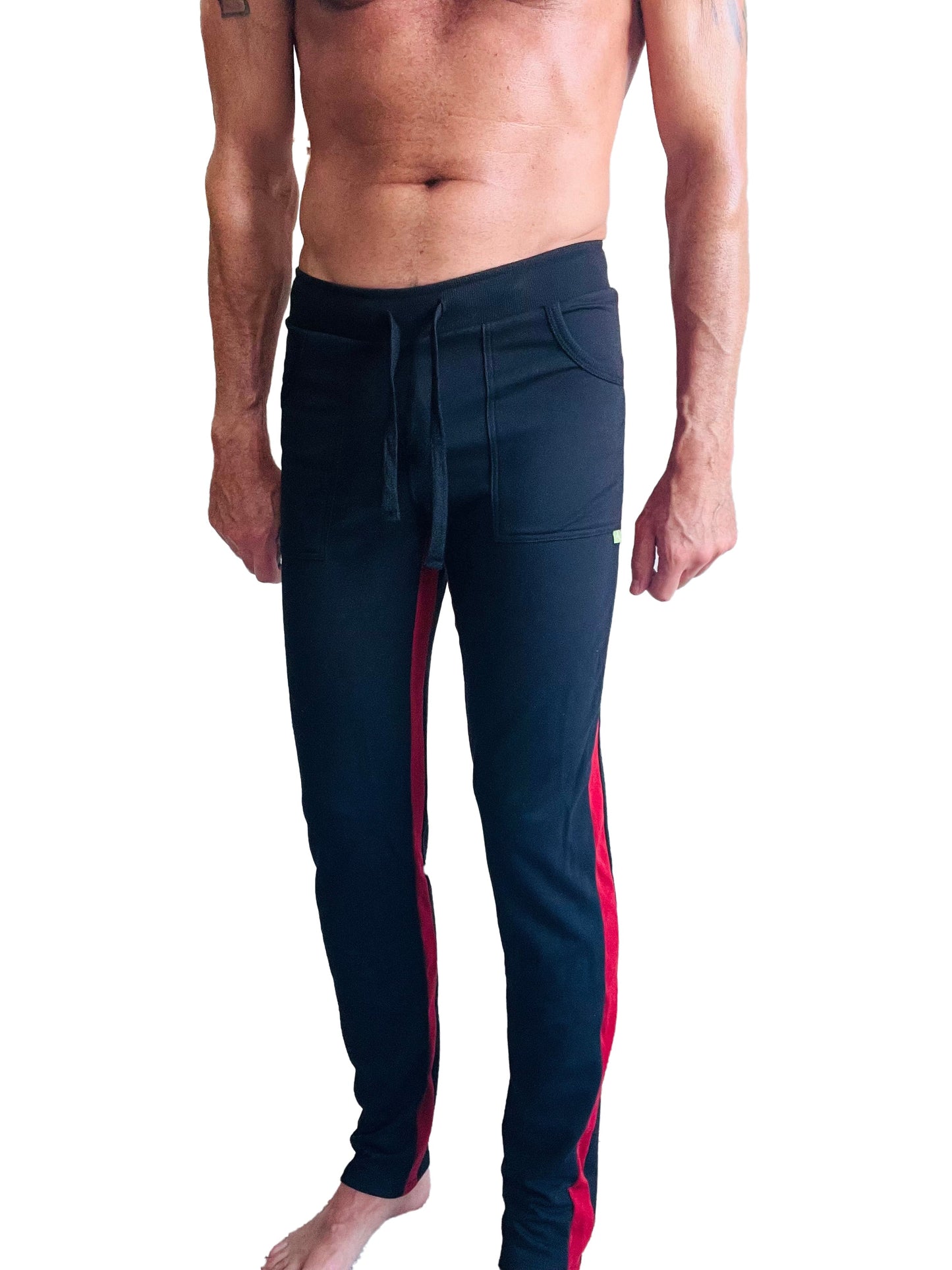 Black eco-track and yoga sweat pant with bold cinnabar red side stripes and drawstring waistband for comfort