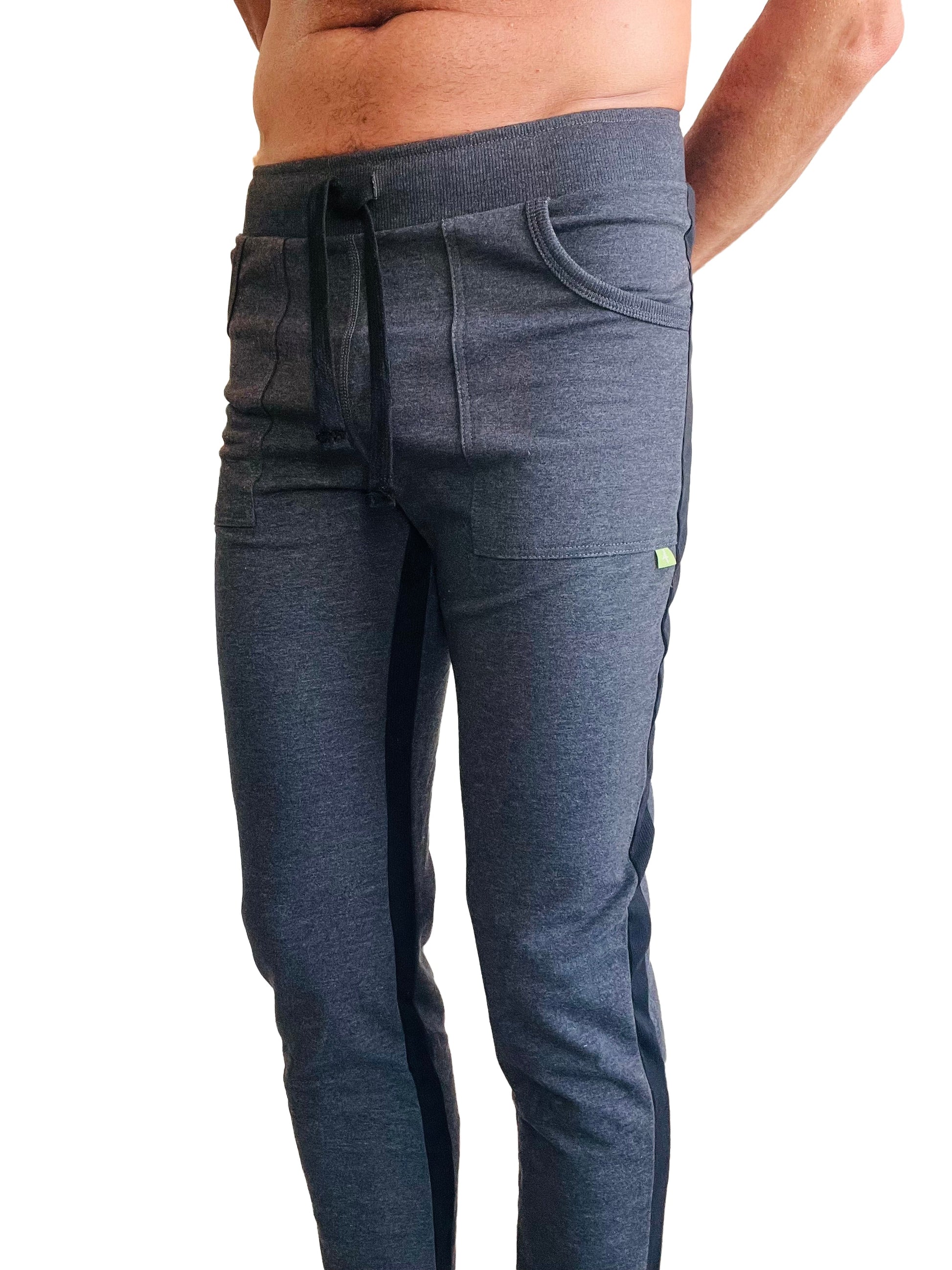 Dark heather gray eco-track and yoga sweat pant with black side stripes and drawstring waistband in charcoal color