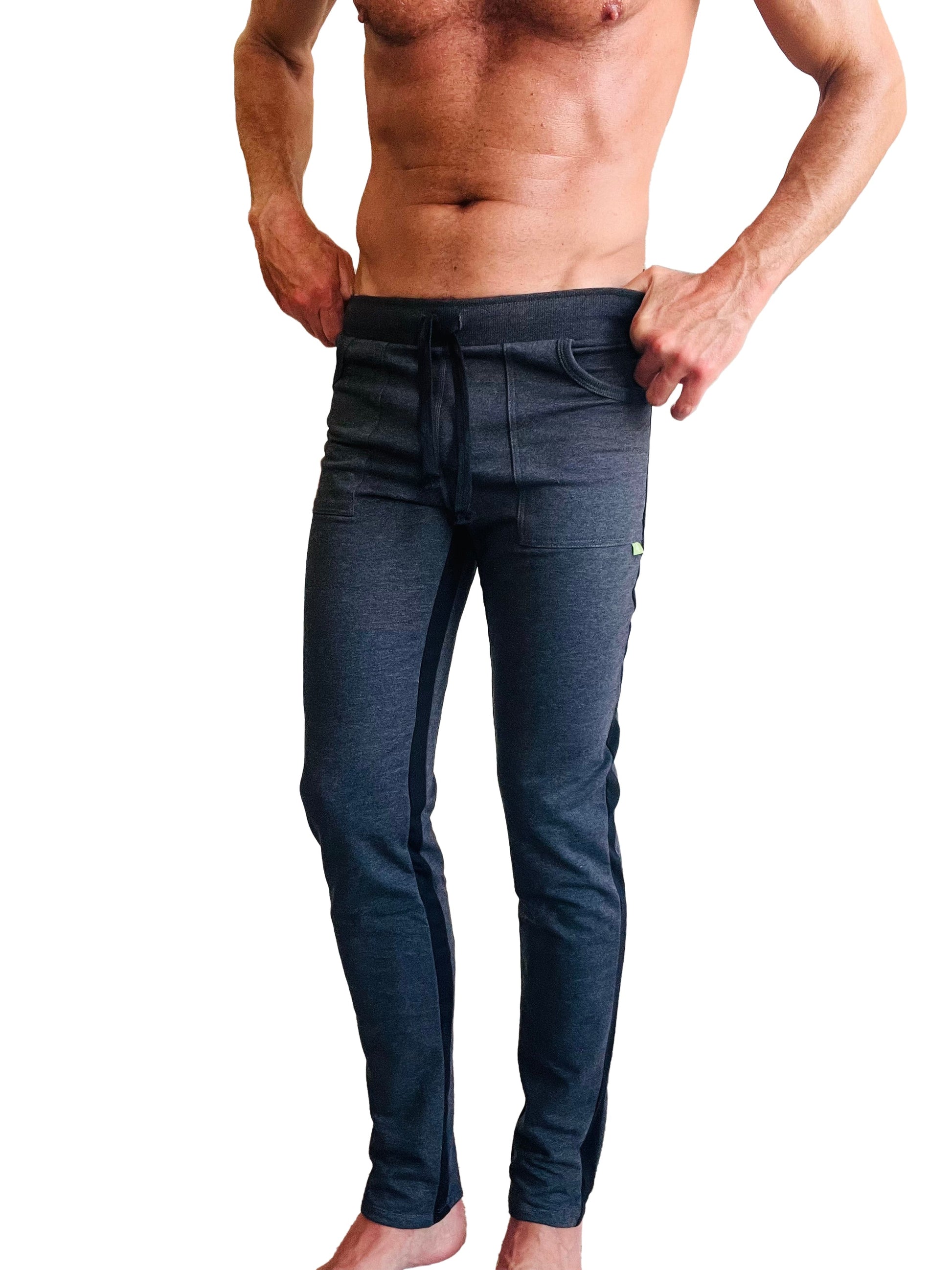 Eco-track and yoga sweat pant in dark heathered blue with drawstring waistband and side pockets for athletic wear