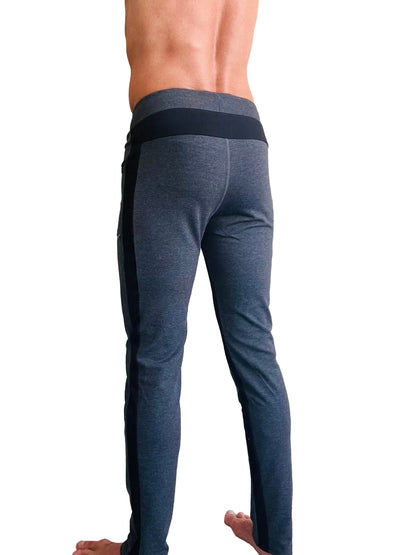 Dark gray heathered eco-track and yoga sweat pants with black side panels and contrasting black waistband