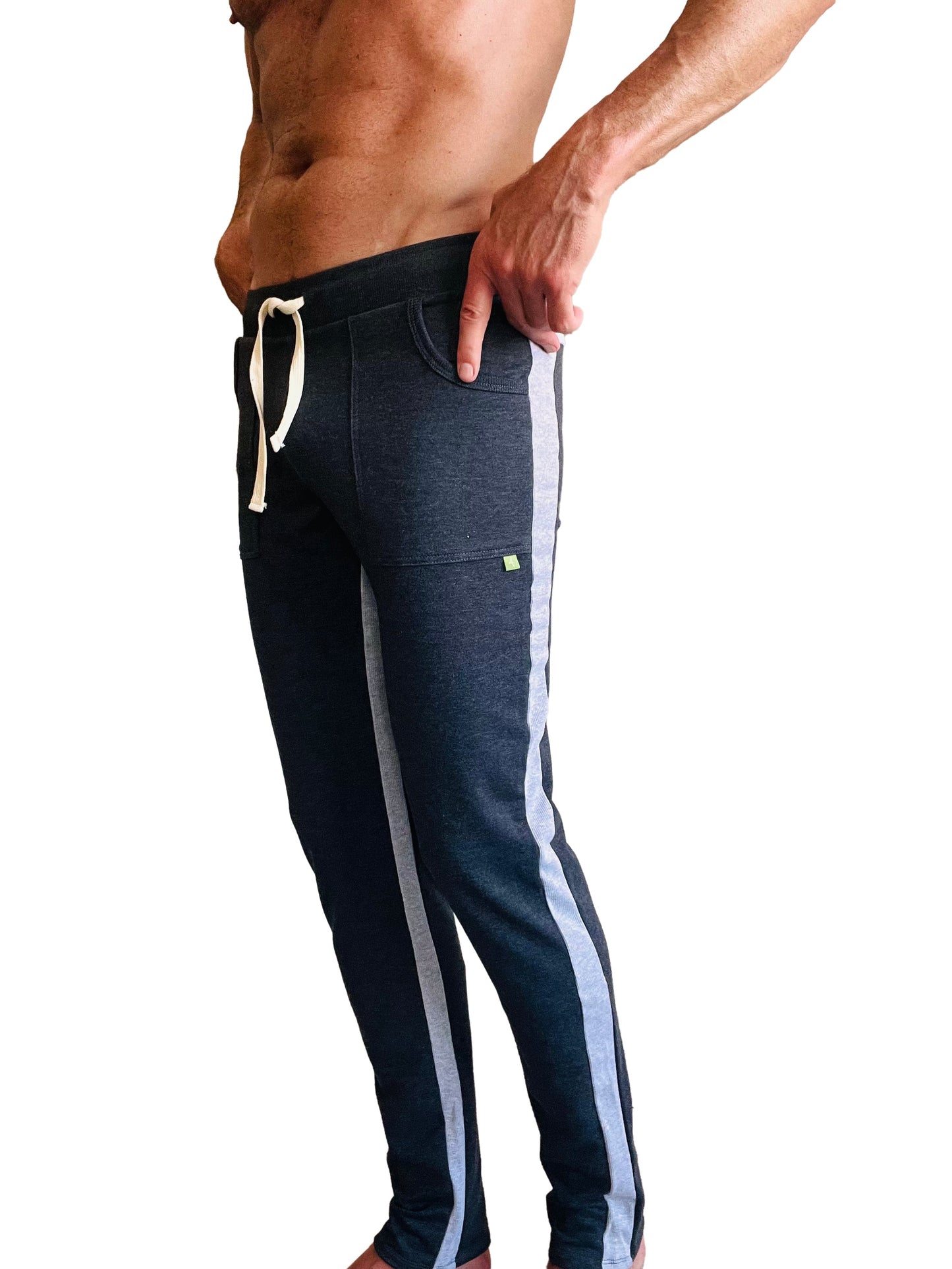 Eco-track and yoga sweat pant in charcoal with grey side stripes and cream drawstrings made from soft fabric