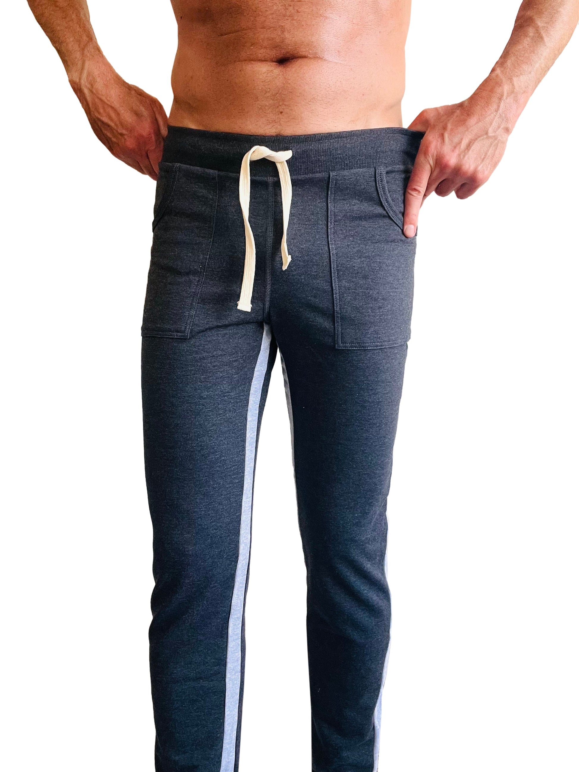 Eco-track and yoga sweat pant charcoal with light blue side stripes and cream drawstring in dark heather gray joggers