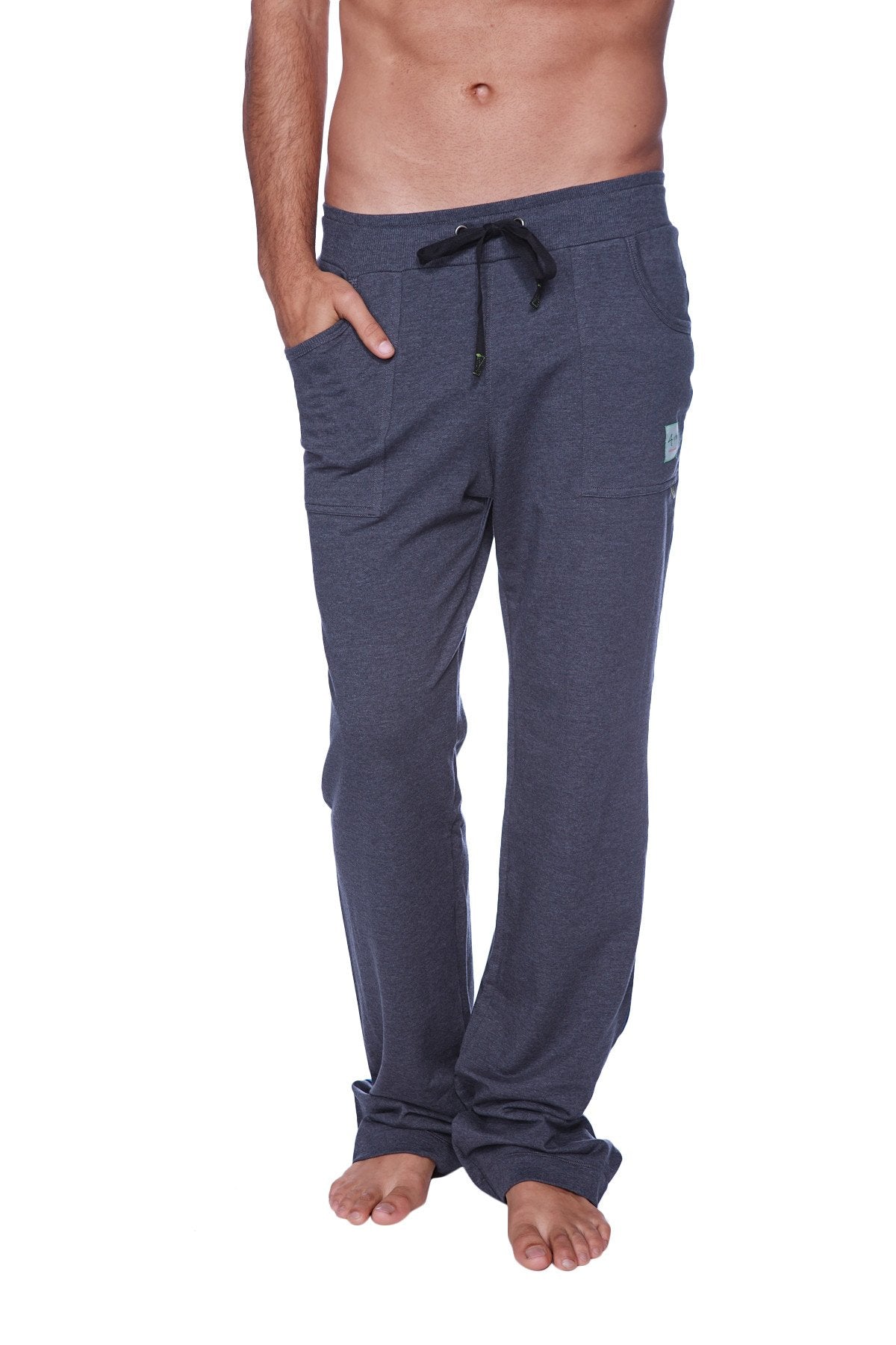 Dark gray heathered eco-track and yoga sweatpants with black drawstring waistband and side pockets in charcoal