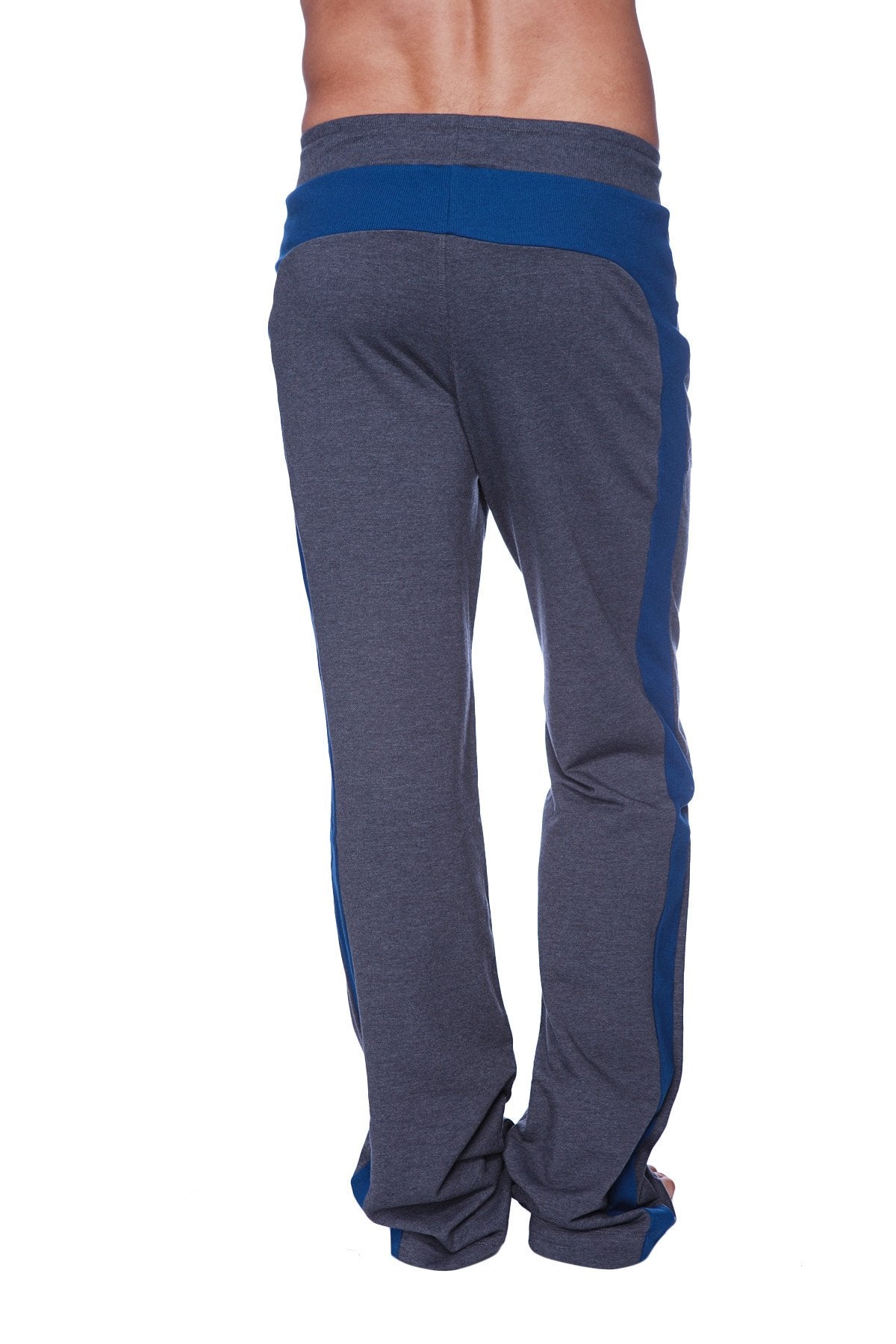 Eco-track and yoga sweat pant in charcoal with royal blue ribbed waistband and solid navy side panels for athletic wear