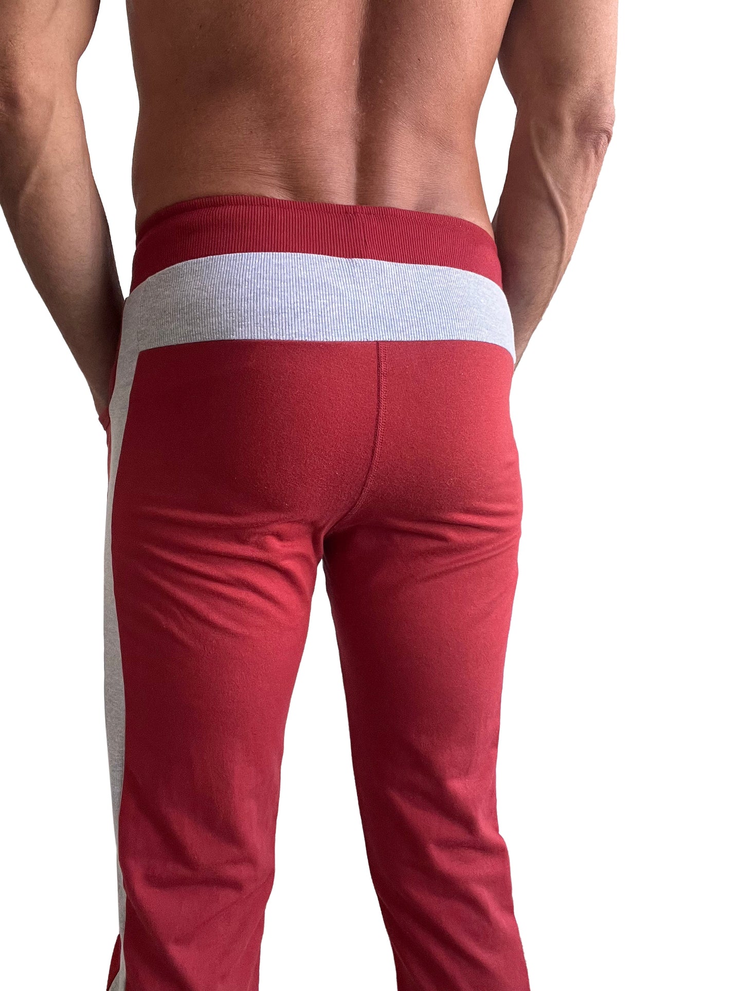 Eco-Track & Yoga sweat pant in cinnabar red with white and gray striped waistband and side stripes for activewear