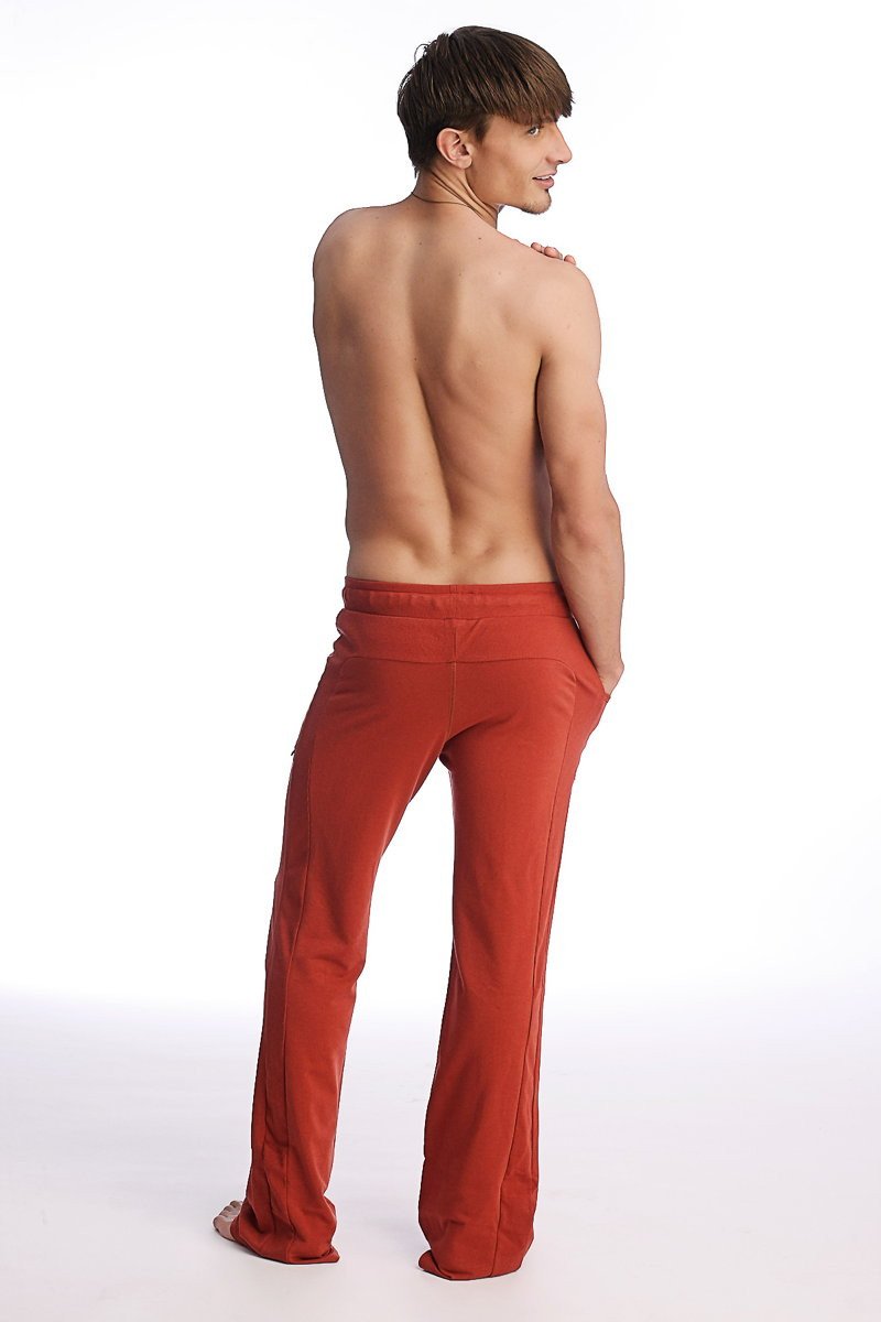 Eco-track and yoga sweat pant in cinnabar red with loose fit, straight leg, and elastic waistband for yoga and casual wear