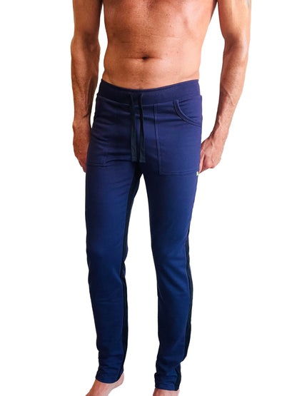 Eco-track and yoga sweat pant in eggplant with black featuring a drawstring waistband and side pockets