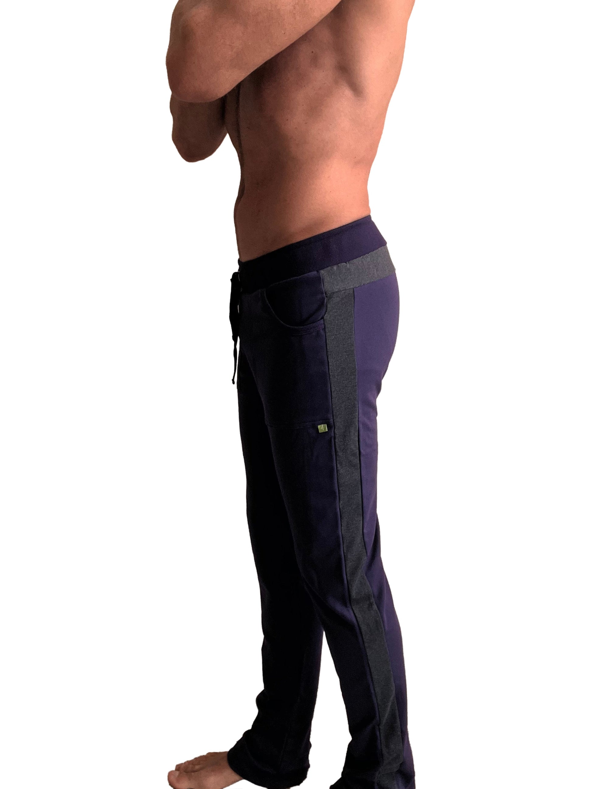 Eco-track and yoga sweat pant in eggplant and charcoal with drawstring waistband side pockets and subtle branding on thigh