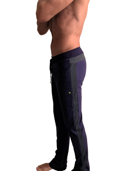 Eco-track and yoga sweat pant in eggplant and charcoal with drawstring waistband side pockets and subtle branding on thigh