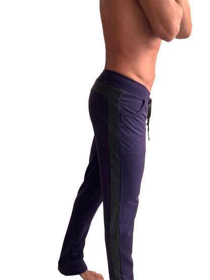 Dark purple eco-track and yoga sweat pants with black side panels and a drawstring waistband for active wear