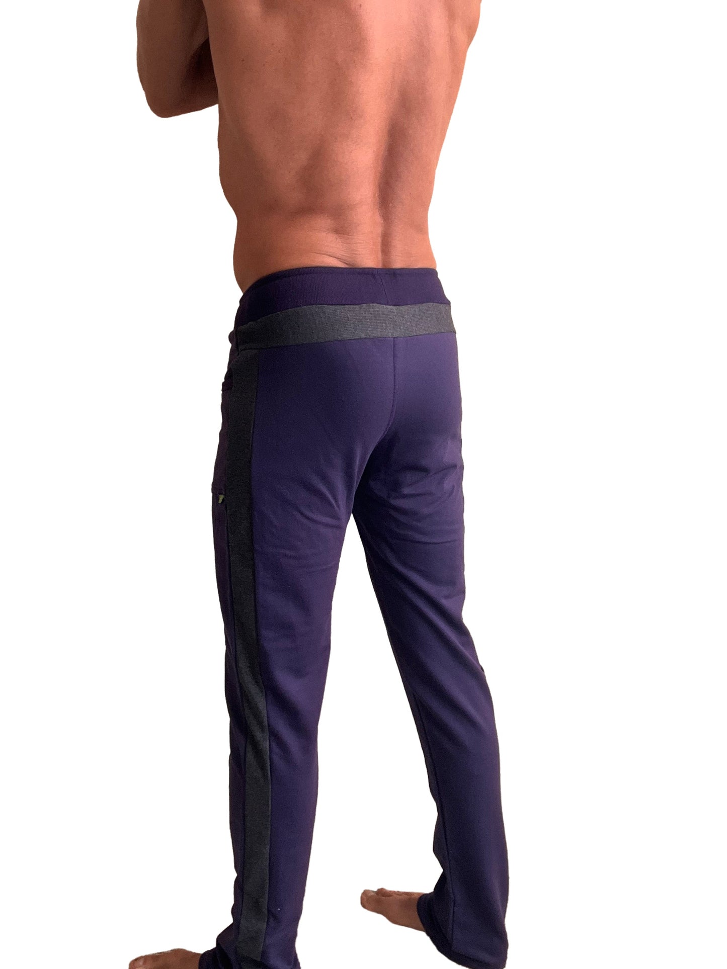 Eco-track and yoga sweat pant in eggplant with charcoal side panels and gray waistband designed for athletic use