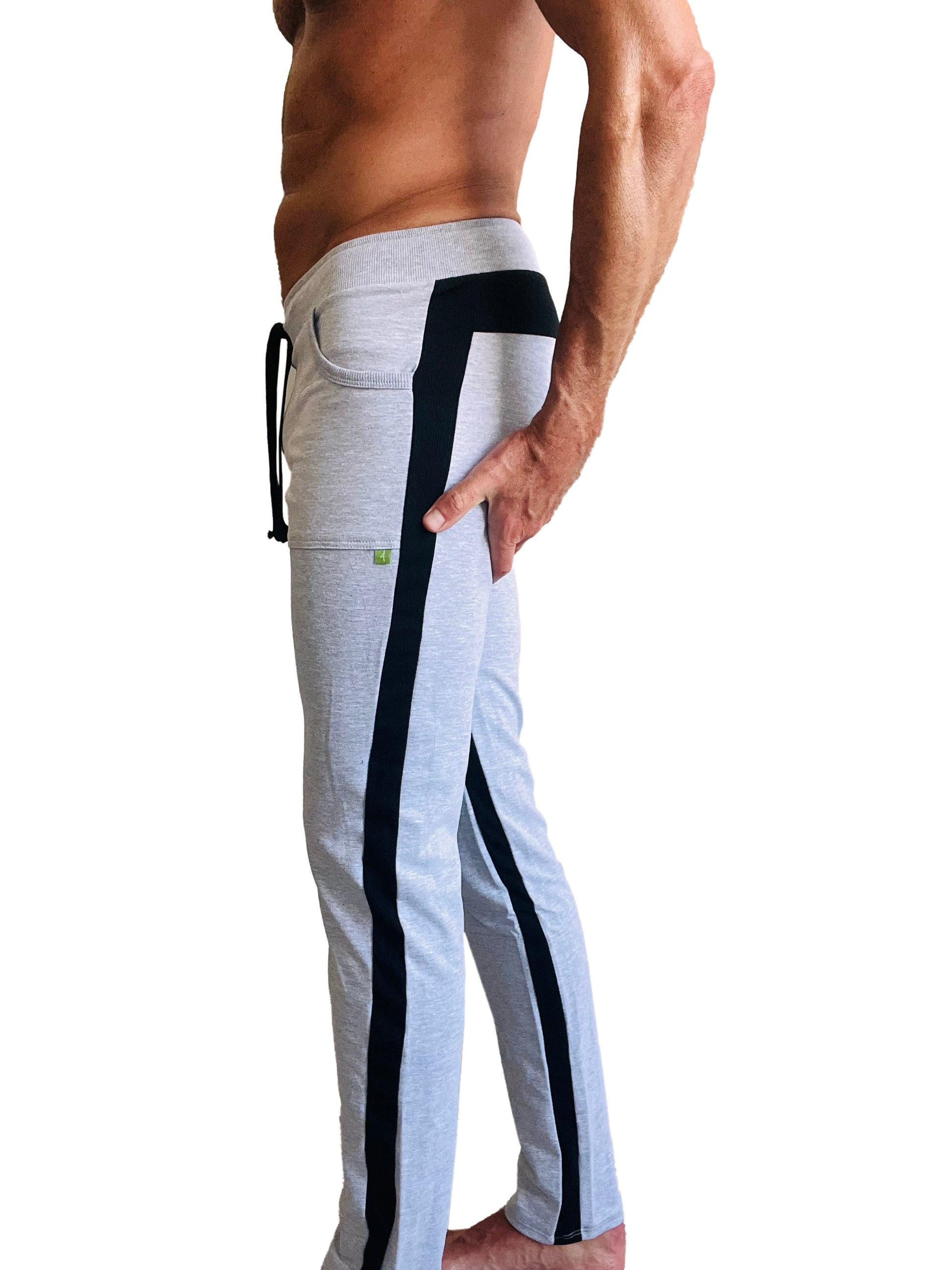 Light gray heather eco-track and yoga sweat pant with black vertical stripes drawstring waistband and side pockets
