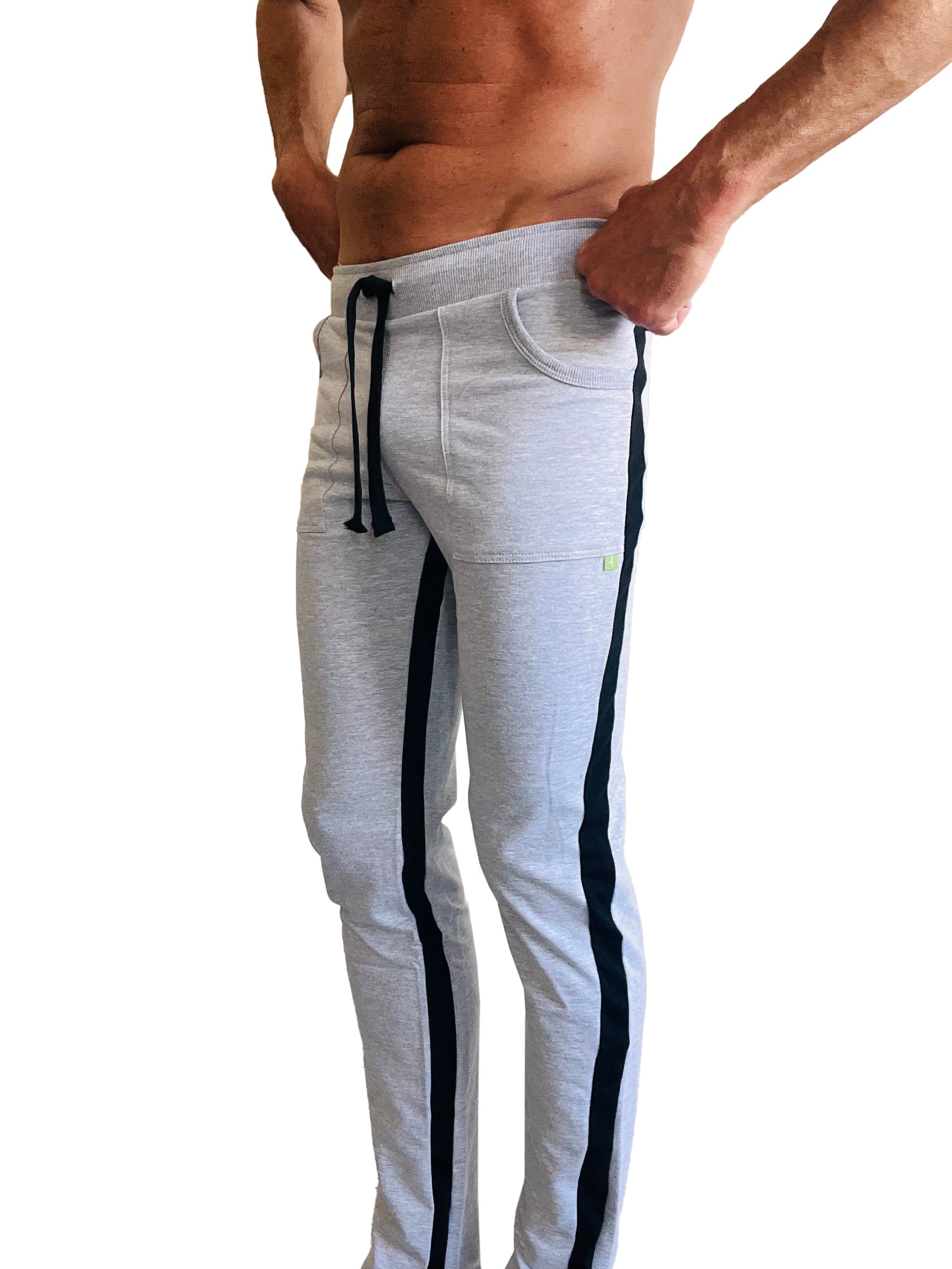 Eco-Track & Yoga sweat pant in heather grey with black side stripes and drawstring waistband made for athletic use