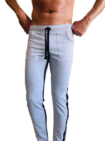 Light gray heathered eco-track and yoga sweat pant with black side stripes and matching drawstring waistband