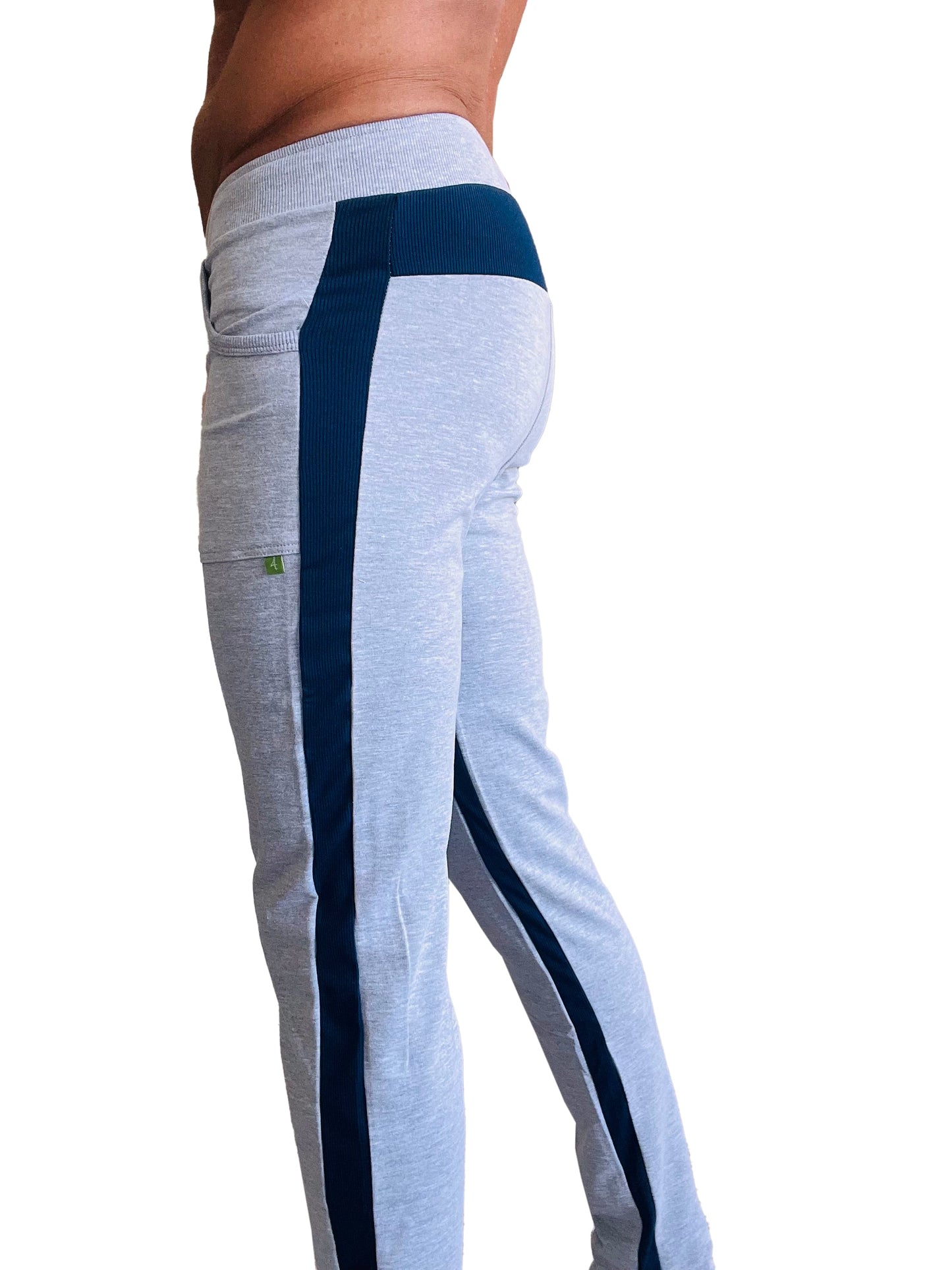 Eco-track yoga sweat pant in heather grey with navy blue ribbed side stripe and waistband made from soft fabric