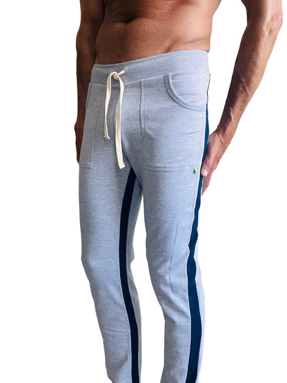 Eco-track and yoga sweat pant heather grey with blue featuring light gray heathered joggers navy side stripes cream drawstrings
