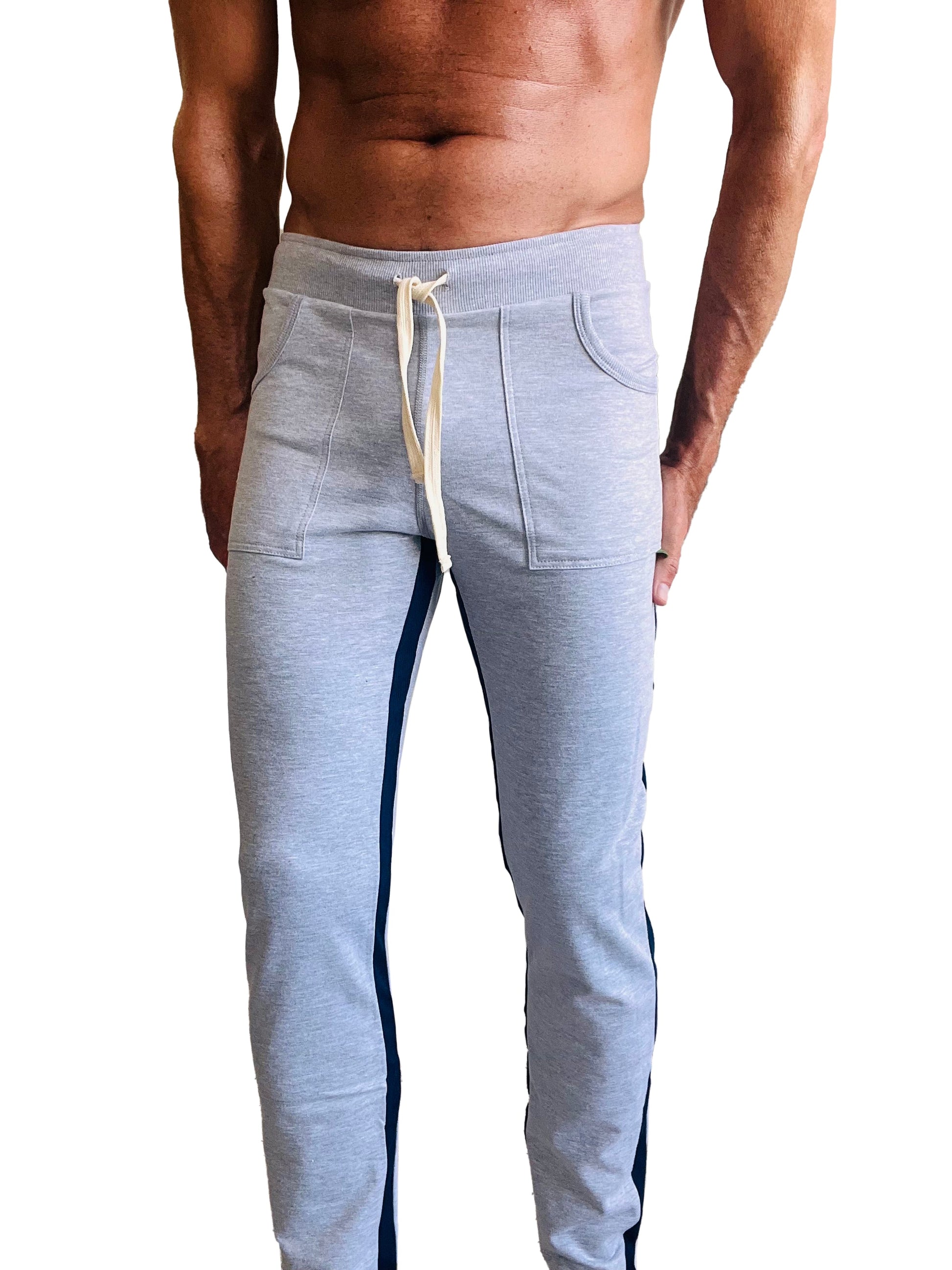 Eco-track and yoga sweat pant heather grey with blue side stripes cream drawstring lightweight sweatpants