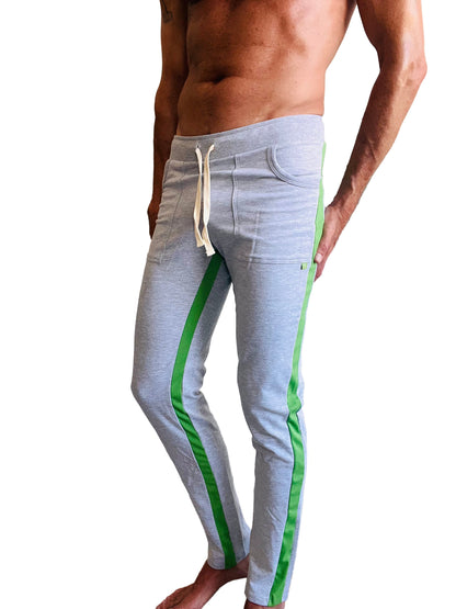 Gray heather eco-track and yoga sweat pant with vibrant green side stripes and white drawstring waistband