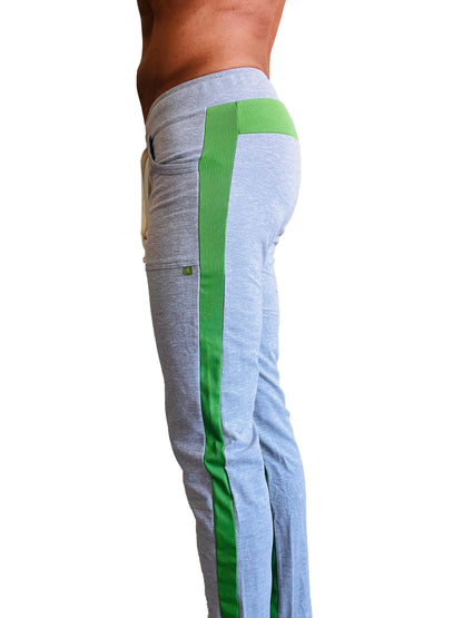 Eco-track and yoga sweat pant heather grey with green vertical stripe ribbed waistband and pocket details