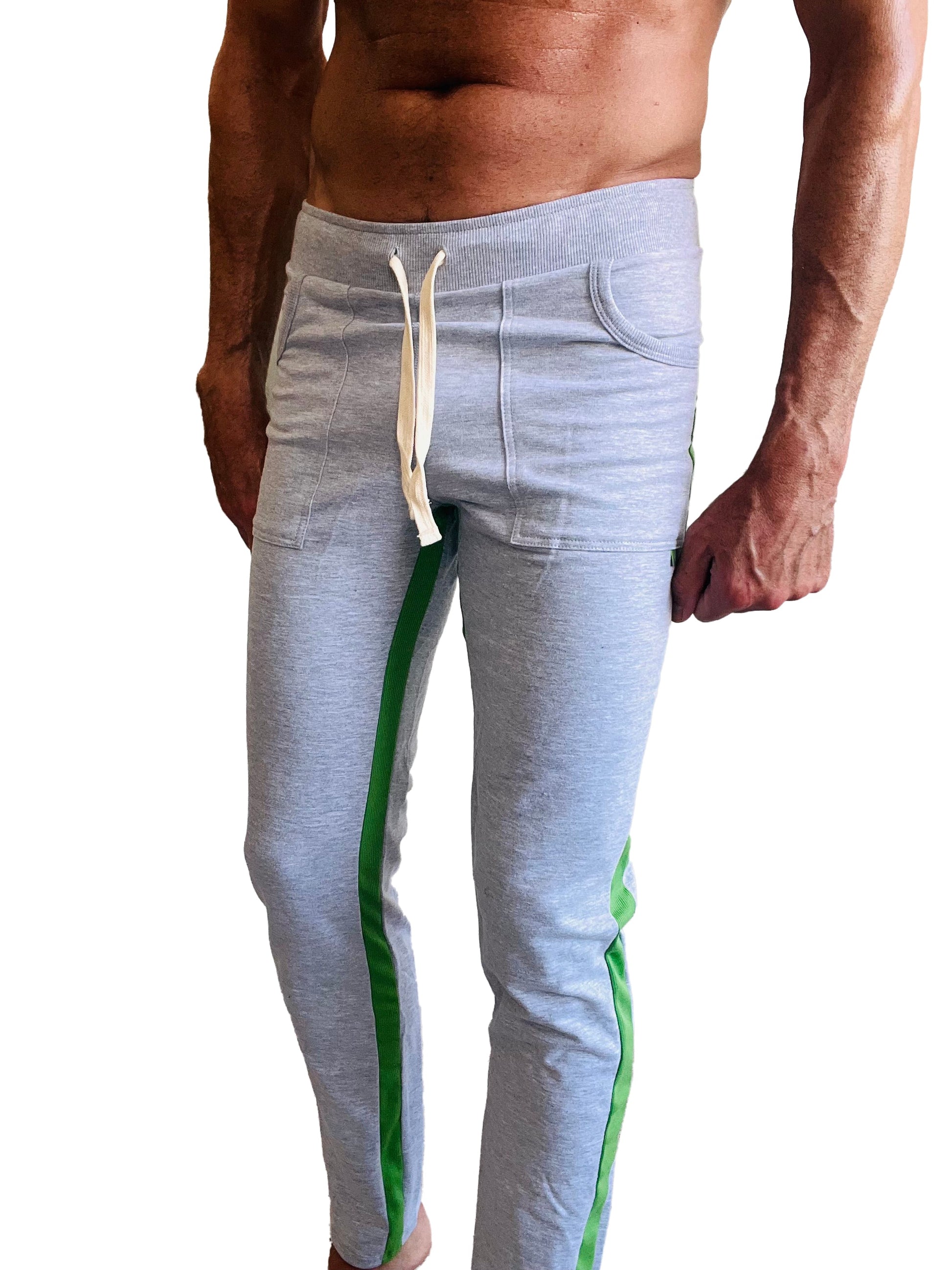 Gray eco-track and yoga sweat pant with vibrant green side stripes and white drawstring waistband in heather gray
