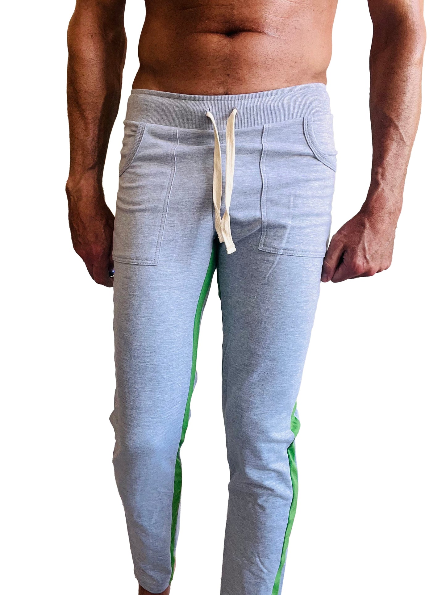 Eco-track and yoga sweat pant heather grey with vibrant green side stripes and cream-colored drawstring joggers