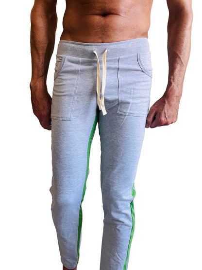 Eco-track and yoga sweat pant heather grey with vibrant green side stripes and cream-colored drawstring joggers