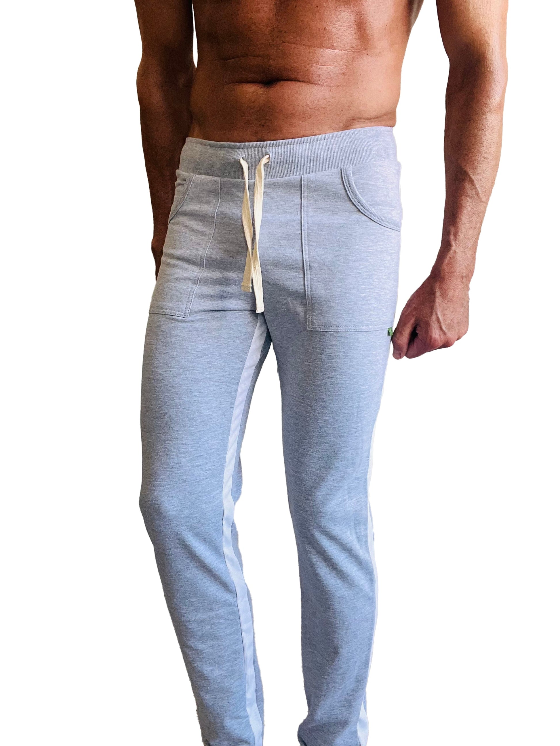 Eco-track and yoga sweat pant heather grey with white side stripes and cream drawstring in light gray heathered fabric
