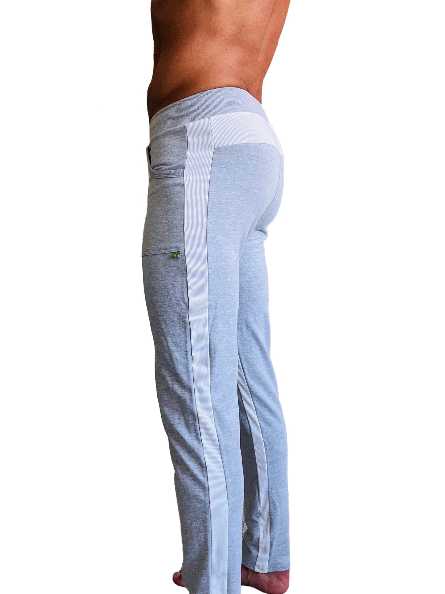 Light gray eco-track and yoga sweat pants with white vertical stripe and matching elastic waistband in heather grey