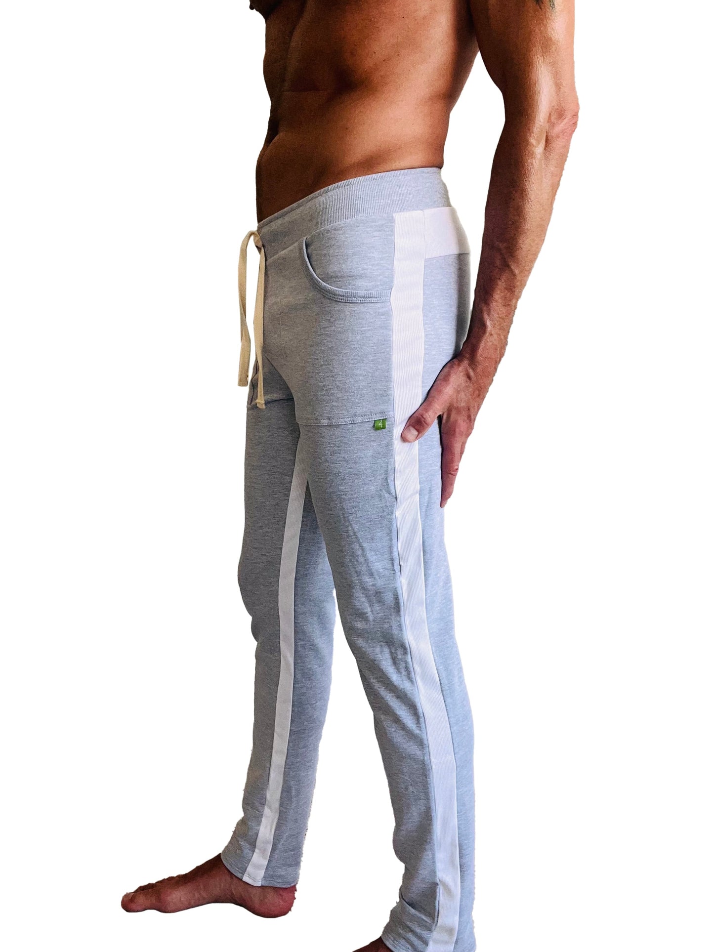 Gray heathered eco-track and yoga sweatpants with white side stripes and a matching drawstring waistband