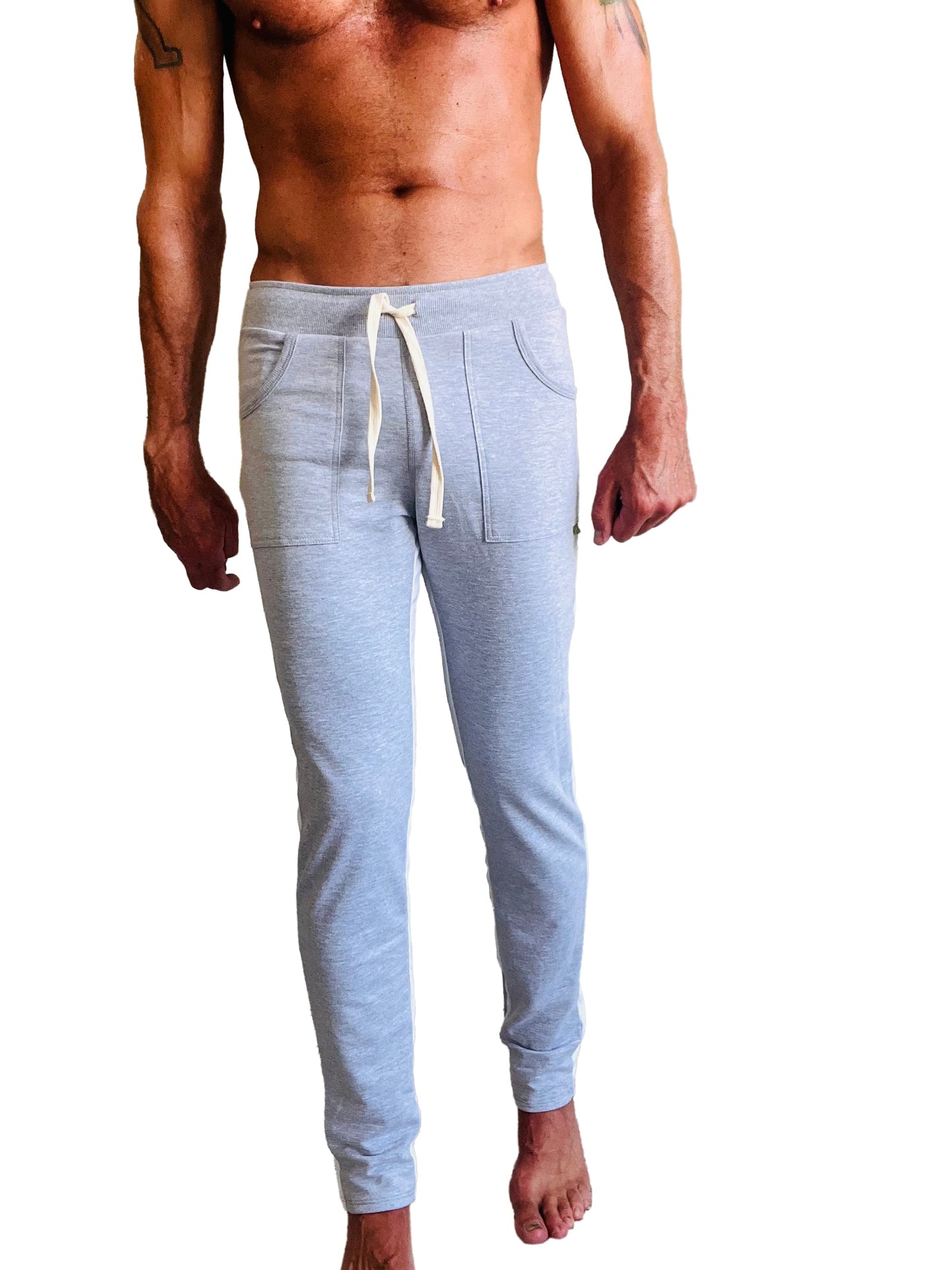 Eco-track and yoga sweat pant in heather grey with white drawstring light gray heathered jogger pants with pockets