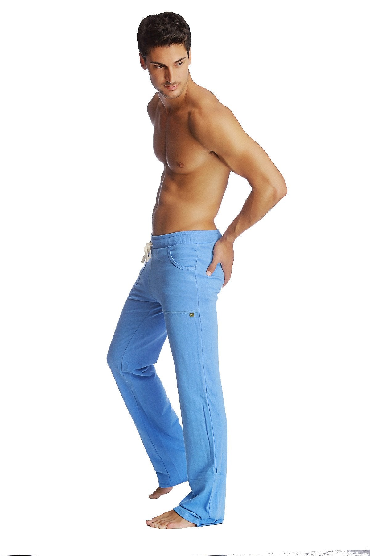 Eco-Track and yoga sweat pant in ice blue with loose fit drawstring waist and side pockets for comfortable movement