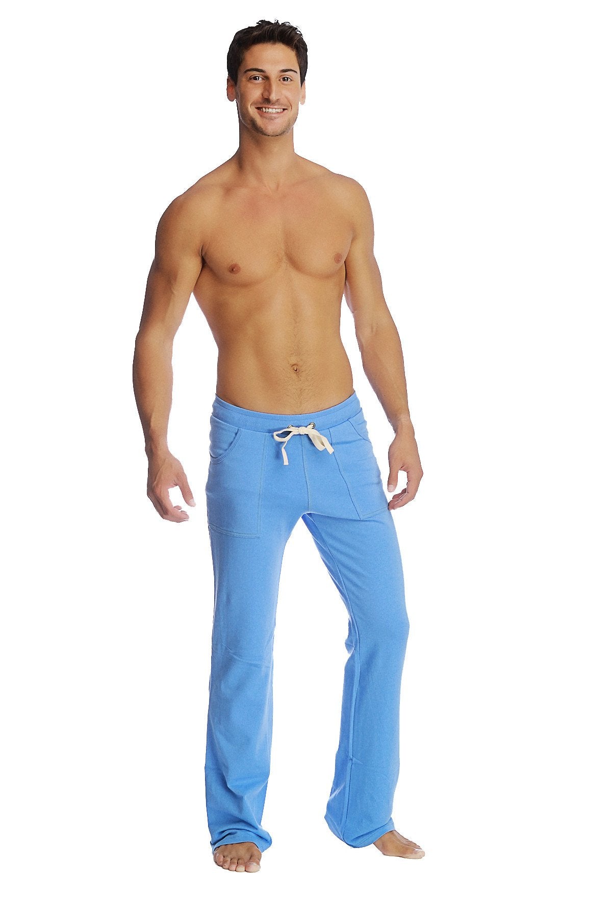Light blue soft fabric eco-track and yoga sweat pant with white drawstring waistband for comfortable workouts