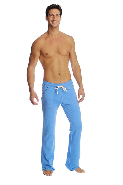 Light blue soft fabric eco-track and yoga sweat pant with white drawstring waistband for comfortable workouts