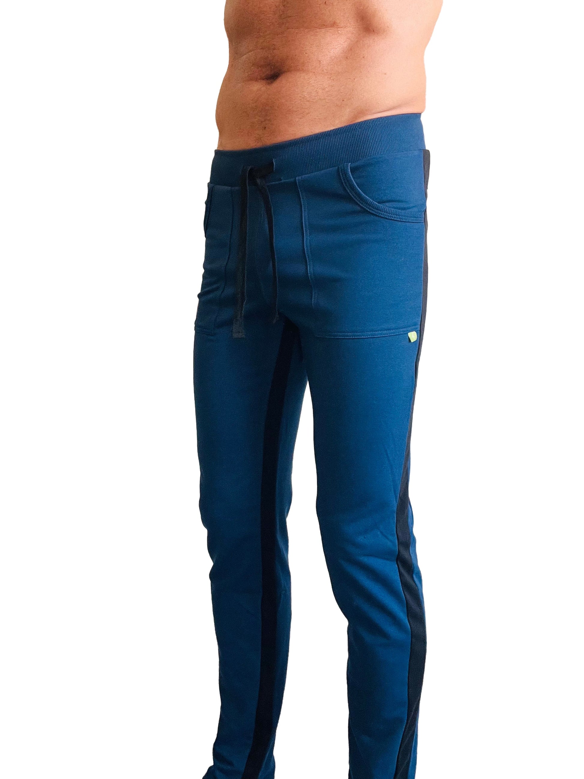 Eco-track and yoga sweat pant in royal blue with black side stripes and drawstring waistband for athletic use