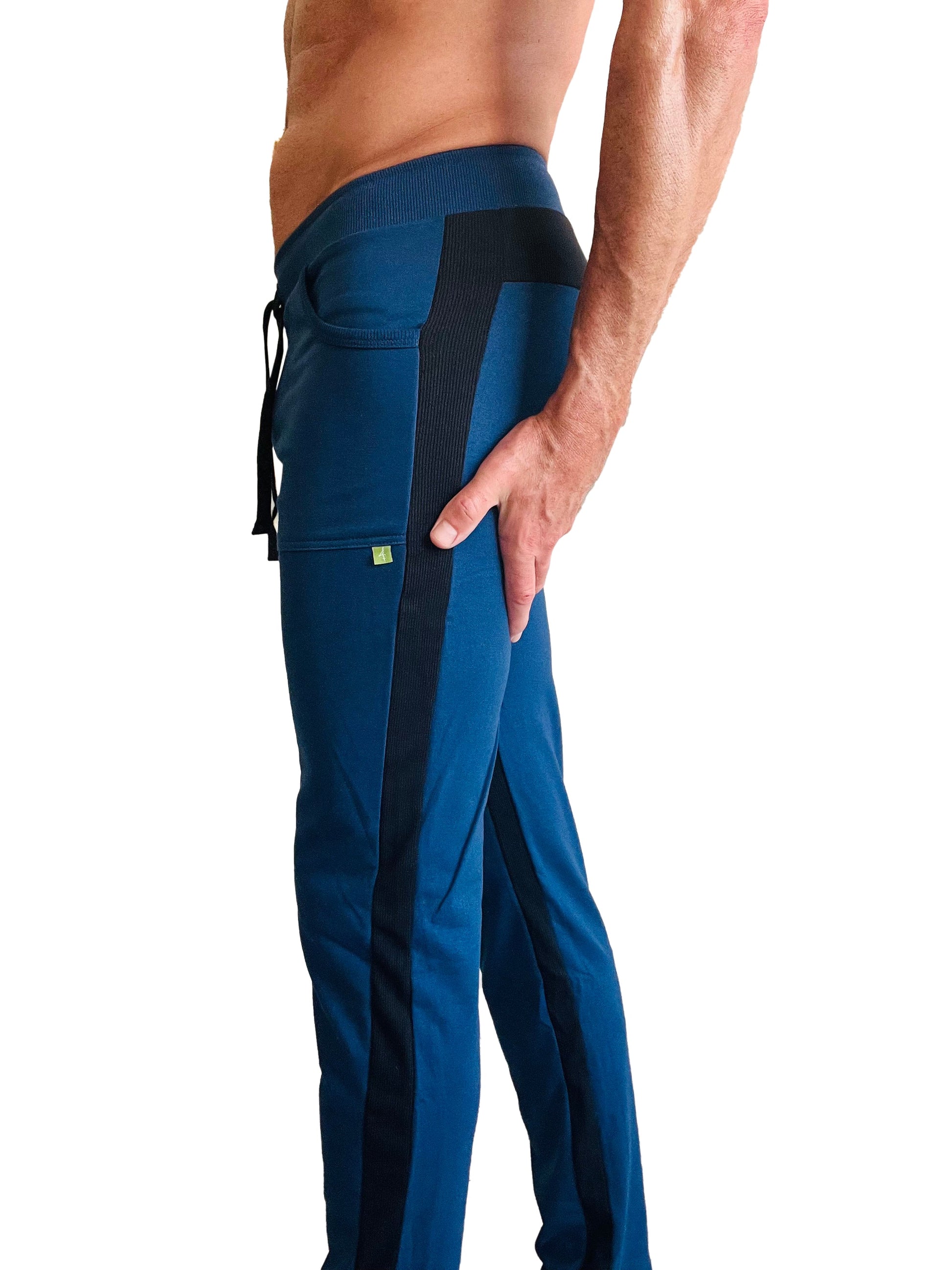 Deep blue eco-track and yoga sweat pant with black side stripes and drawstring waistband for athletic wear